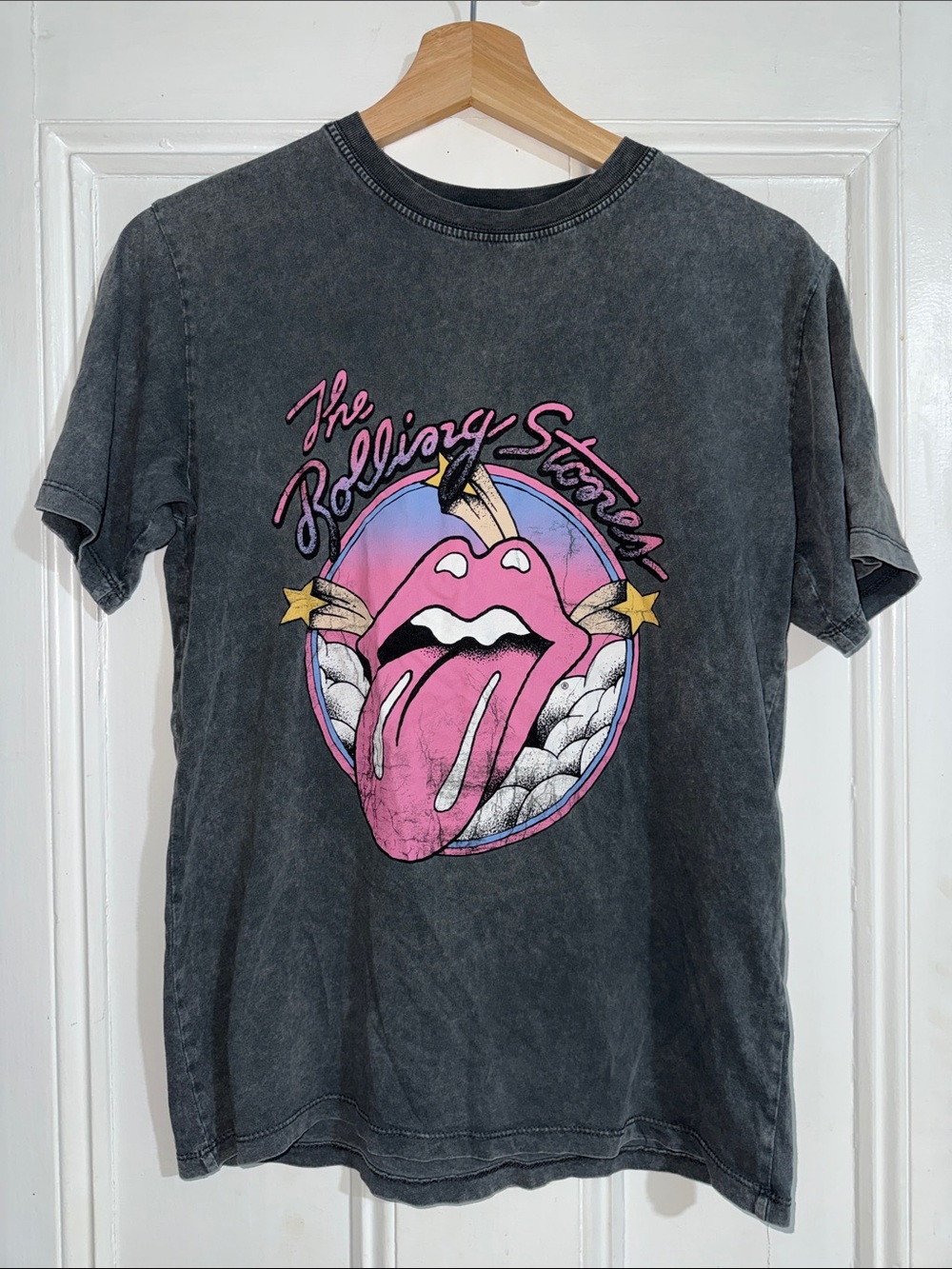 Stradivarius Rolling Stones Graphic T-Shirt Acid Wash Grey Vintage Style XS